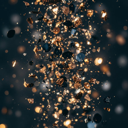 Falling golden confetti on dark background. Christmas and New Year conceptの素材