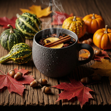Cup of hot chocolate with autumn leaves and pumpkins on wooden backgroundの素材