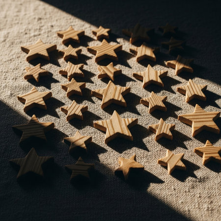 Wooden stars on a gray background. The concept of success and achievement.の素材