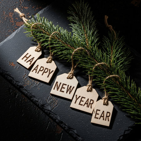 Wooden tags with the words happy new year on a dark backgroundの素材