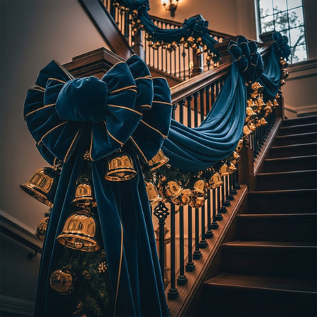 Interior of the stairs of a luxury house. Staircase decorated with blue curtainsの素材