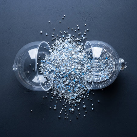 Blue sequins in glass jar on dark background. Top view.の素材
