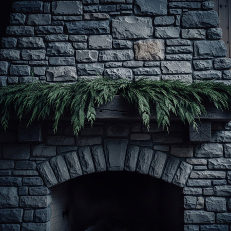 Fireplace decorated with green grass. Christmas decoration. Toned.の素材