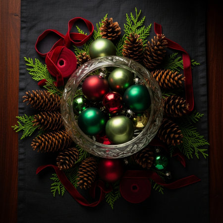 Christmas decoration with baubles and ribbons on a black backgroundの素材
