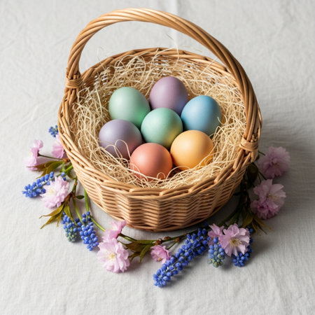 Colorful Easter eggs in a basket with spring flowers on a white backgroundの素材