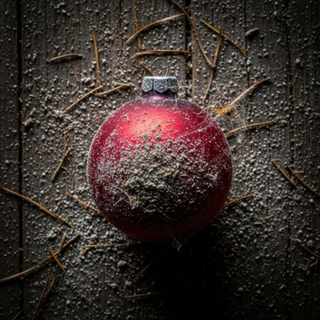 Red christmas ball on rustic wooden background, retro tonedの素材