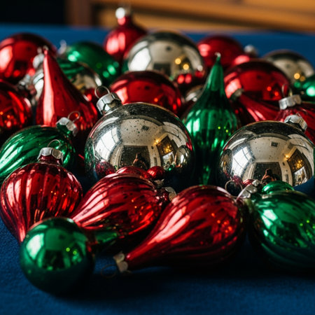 Colorful Christmas ornaments on a blue background. Selective focus.の素材
