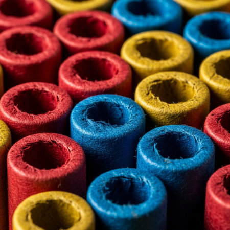 Colorful background made of plastic pipes. Selective focus. Toned.の素材