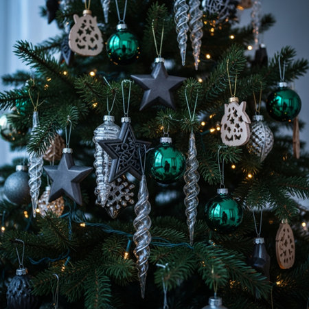 Christmas tree decorated with green and silver ornaments and garlandsの素材