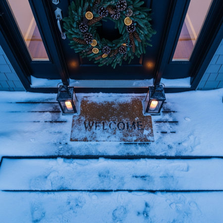 A front door of a home decorated for Christmas and New Year.の素材