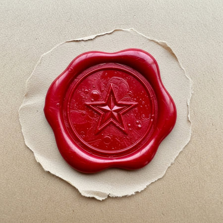 Red wax seal with a red star on a beige background.の素材