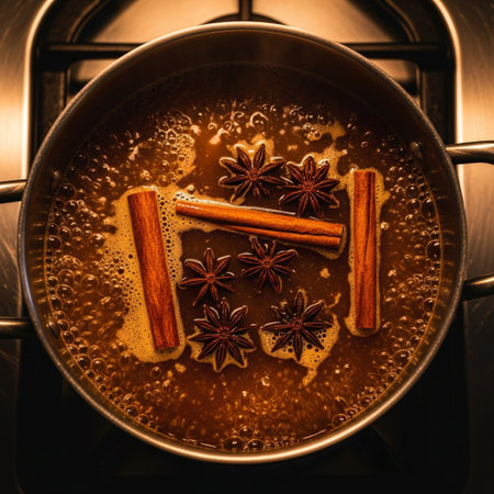Mulled wine with cinnamon and star anise in a metal potの素材