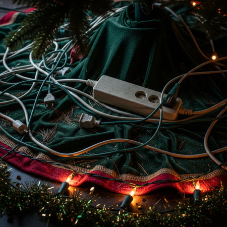 Christmas tree with garland lights and electrical plug. Selective focus.の素材