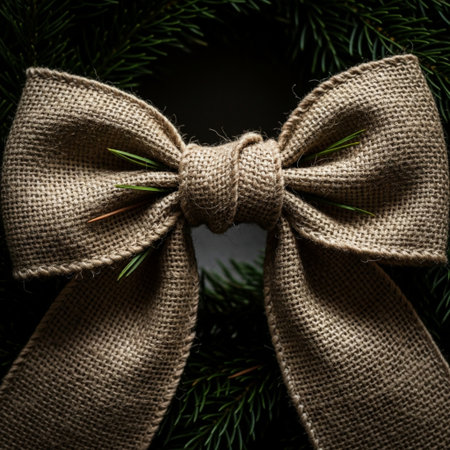 Christmas decoration with fir tree branches and burlap bow on black backgroundの素材