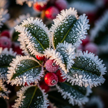 Close-up of holly leaves covered with hoarfrost.の素材