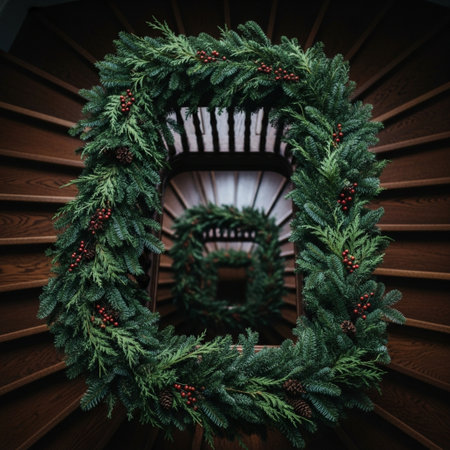 Beautiful christmas wreath on the wooden stairs. Christmas and New Year concept.の素材