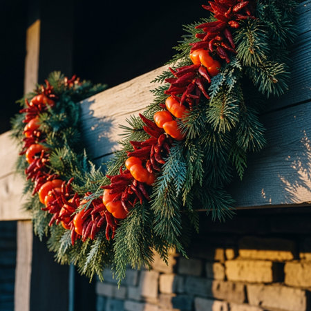 Christmas wreath on the wall of a wooden house. Christmas decorationの素材