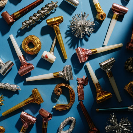 Flat lay composition with party items and confetti on blue backgroundの素材