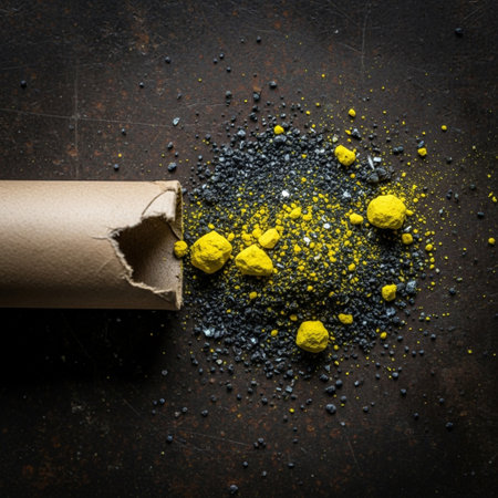 Yellow, black and brown colored powder on a rusty metal background.の素材