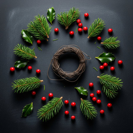 Christmas wreath with holly berries and fir branches on black backgroundの素材