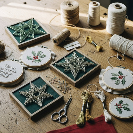 Christmas ornaments and decorations on a wooden table in the workshopの素材