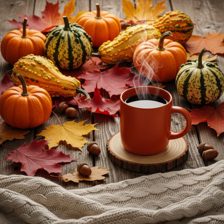 Autumn still life with hot coffee, pumpkins and leaves on wooden backgroundの素材