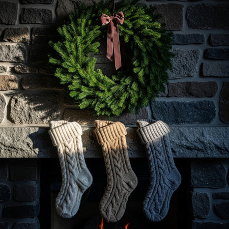 Woolen socks and christmas wreath on brick wall backgroundの素材
