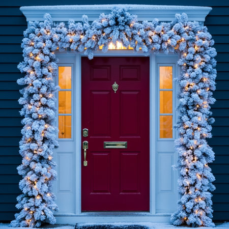 Colorful front door decorated with a garland and Christmas lights.の素材