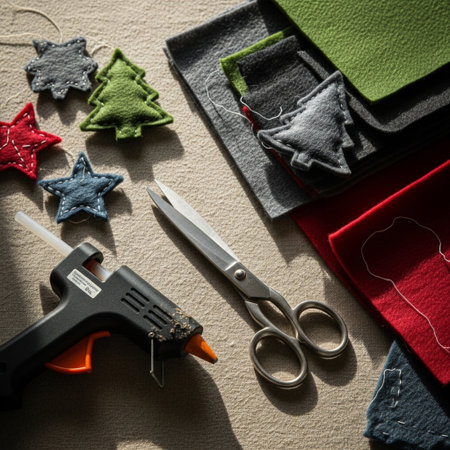 Handmade felt craft tools on a white background. Selective focus.の素材