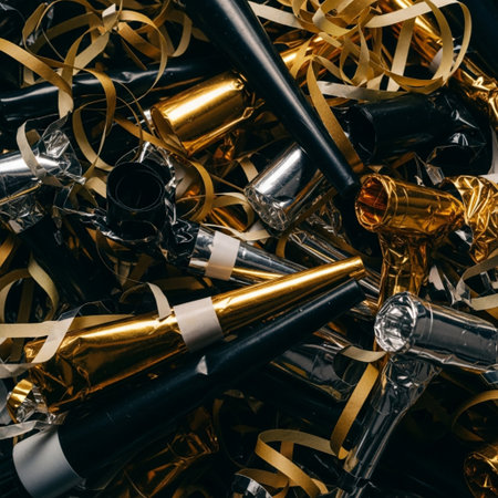 close-up view of champagne glasses and confetti on black backgroundの素材