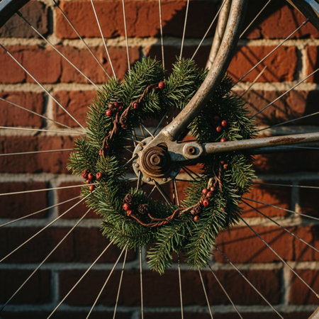 Christmas wreath on the wheel of a bicycle against a brick wallの素材