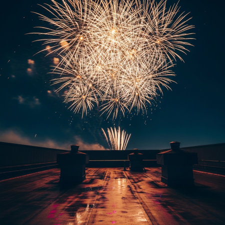 Colorful fireworks of various colors over a pier at night, long exposureの素材