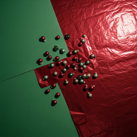 Christmas decoration on red and green background. Top view. Flat layの素材