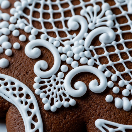 Gingerbread decorated with white frosting on a wooden background.の素材