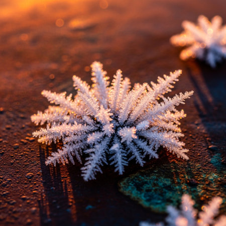 Snowflakes on a wooden surface. Christmas background. Shallow depth of field.の素材