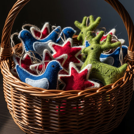 Christmas ornaments in a wicker basket on a dark backgroundの素材