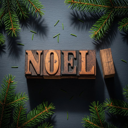 \The word \"\"noel\"\" written in wooden letterpress type on a dark slate background.\""の素材