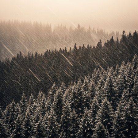 Foggy winter landscape with snow covered fir trees in the mountainsの素材