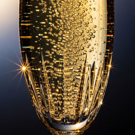 Glasses of champagne with bubbles on a dark background. Close-up.の素材
