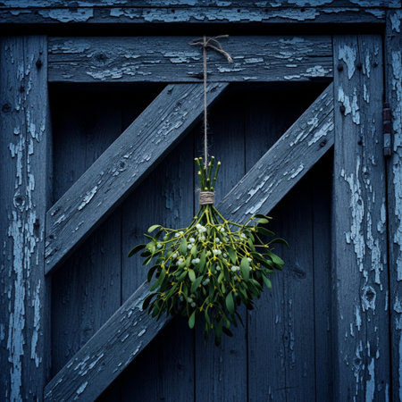 Mistletoe hanging on a blue wooden door, christmas decorationの素材