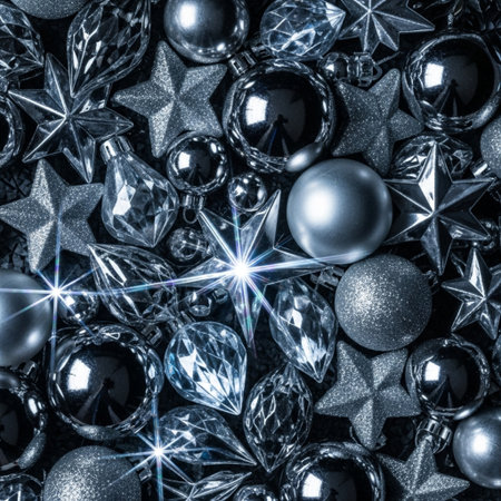 Christmas background with silver and black balls and stars. Toned.の素材