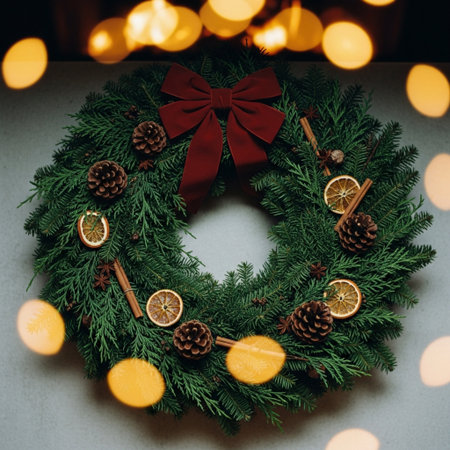 Christmas wreath on a gray background with bokeh lights.の素材