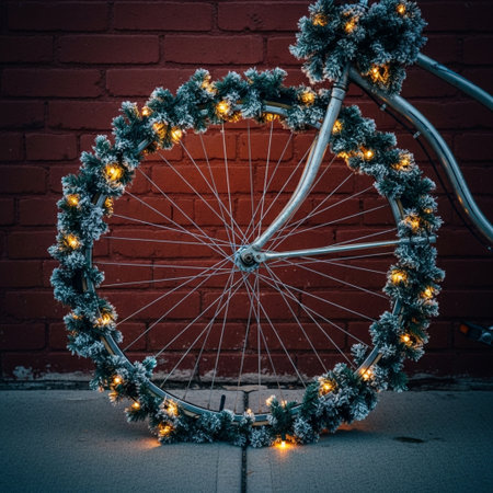Christmas wreath on a bicycle with lights on a brick wall backgroundの素材