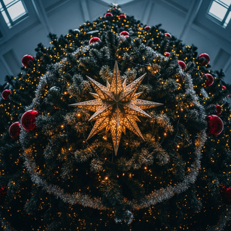 Christmas tree decorated with golden star and red baubles on dark backgroundの素材