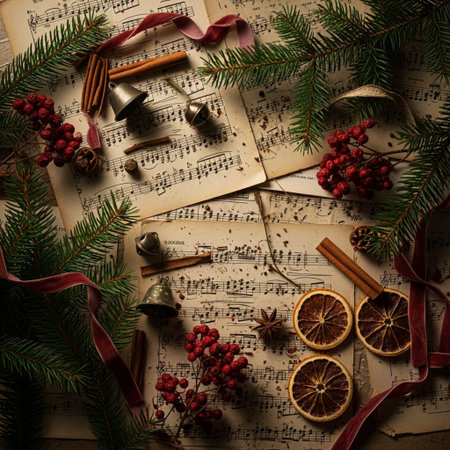 Christmas background with music notes, christmas tree branches, cinnamon sticks, star anise and dried orangesの素材