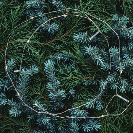 Christmas background. Fir tree branches with garland. Flat lay, top viewの素材