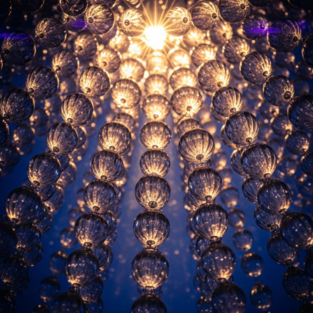 Abstract background of light bulbs. Crystal chandelier. Close-up.の素材