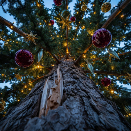 Christmas tree with colorful ornaments and lights in the forest.の素材