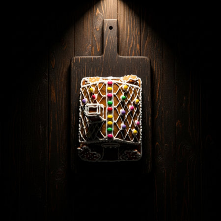 christmas gingerbread on a dark wooden background with a light beamの素材