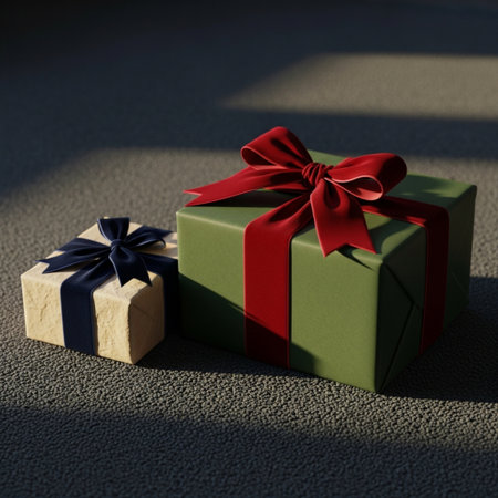 Gift box with red ribbon and bow on a dark background.の素材